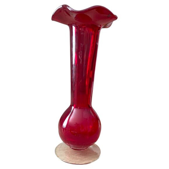 Vintage Ruby Red Glass Bud Vase 8" Ruffled Top Hand Blown Cranberry Style - Picture 2 of 7